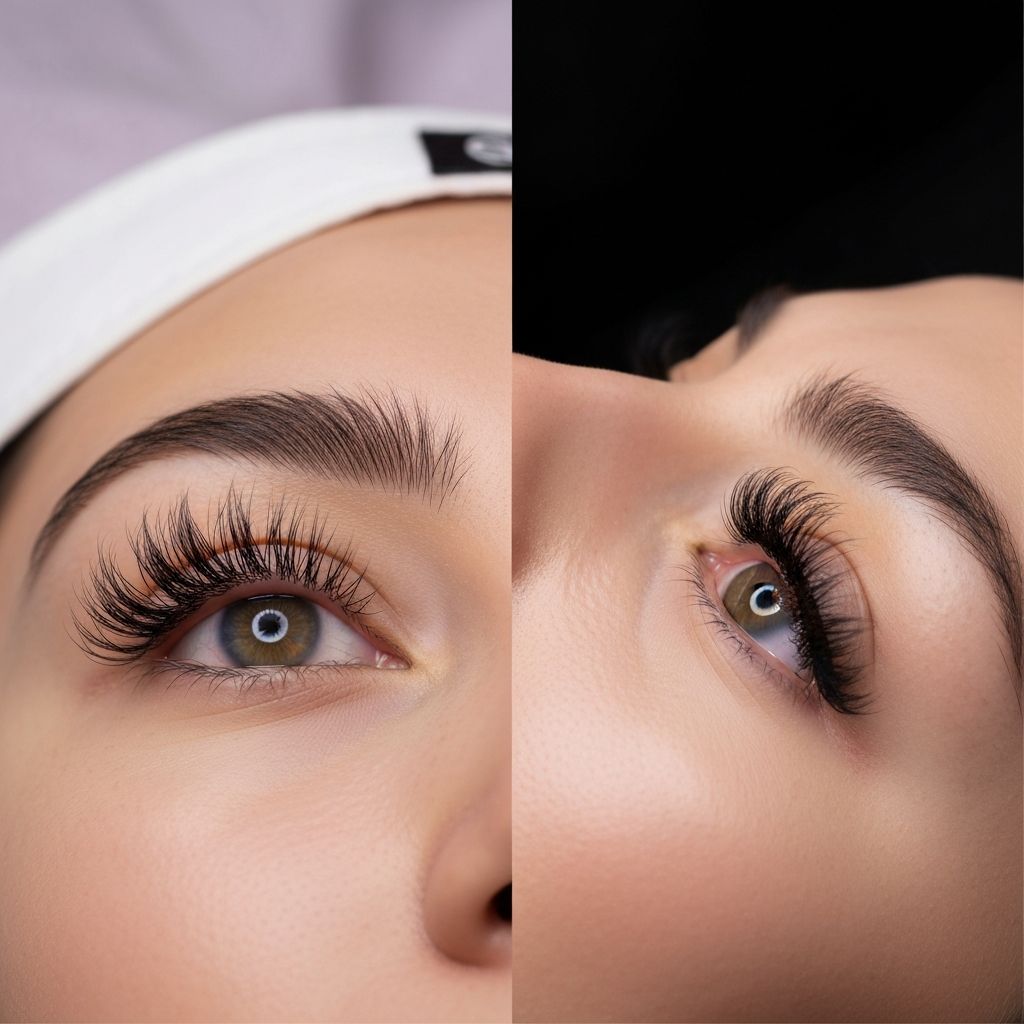 Antes e depois de extensão de cílios